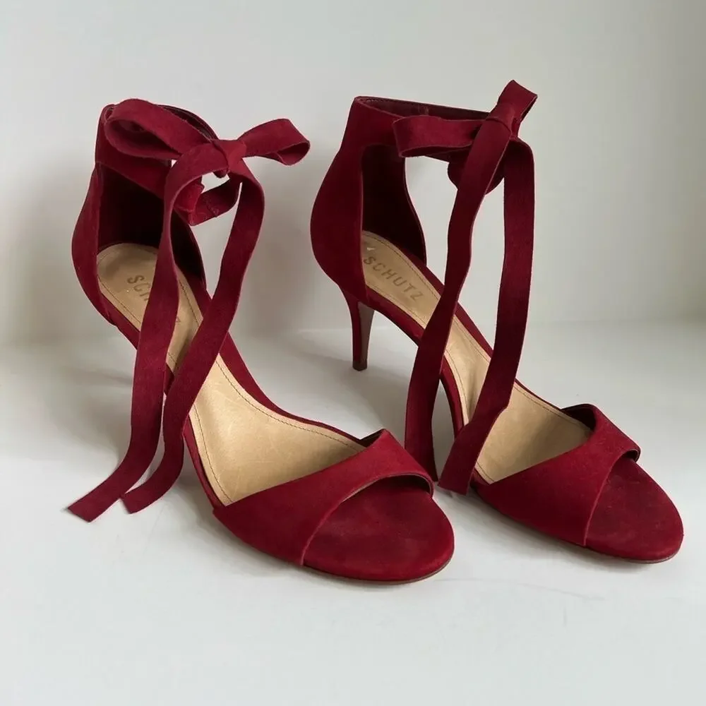 Anthropologie Schutz Tilan Red Suede Ankle Tie Stiletto Heels Women's Size 9